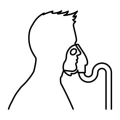 head silhouette icon with oxygen mask for hospital, and health clinics, inhaler, nebulizer, humidifier, vapour, for signage, signs and advertising about covid19 coronavirus treatment, black and white