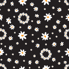 Vector black scattered small fun daisy chain flowers repeat pattern. Suitable for textile, gift wrap and wallpaper.