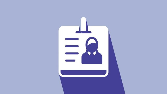 White Identification badge icon isolated on purple background. It can be used for presentation, identity of the company, advertising. 4K Video motion graphic animation