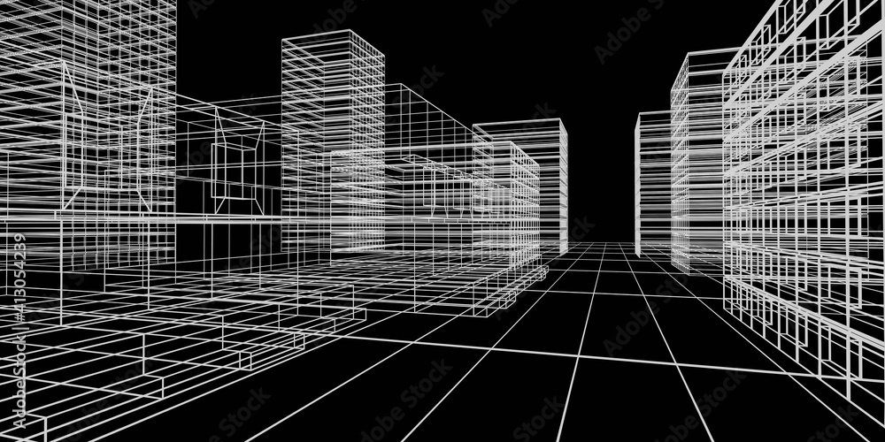 Poster modern architecture concept sketch wire mesh 3d visualization render illustration