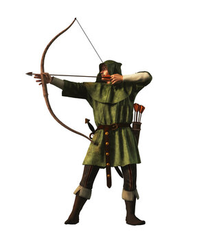 Robin Hood the outlaw archer of medieval England draws back and arrow.  This legendary hero of folklore  is clad in green and is armed with sword and long bow. 3D rendering.