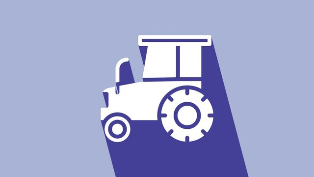 White Tractor icon isolated on purple background. 4K Video motion graphic animation