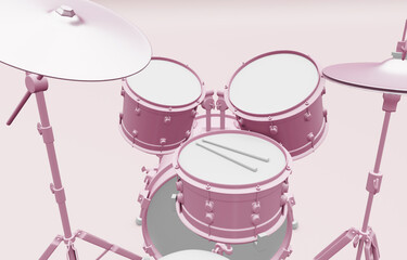 Pink acoustic drum set close up, 3d illustration