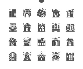 House types. Modern house. Business, commercial building. Real estate. Vector Solid Icons. Simple Pictogram