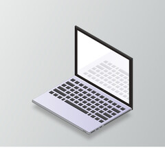 Vector 3d isometric laptop computer. Isometric mock up of laptop. 3d laptop mockup. Computer with blank screen for app. Laptop with open display. Vector illustration