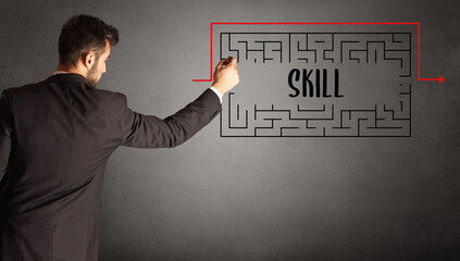 businessman drawing maze with SKILL inscription, business education concept