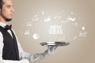Waiter serving business idea concept with NEW IDEAS inscription