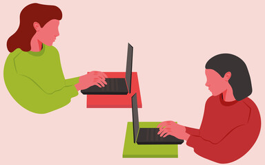 Communication via the Internet. Two modern young women are texting via social networks. The girl is typing text on a laptop. Remote communication. Vector hand drawn illustration