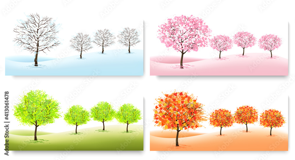 Poster four nature backgrounds with stylized trees representing different seasons. vector.