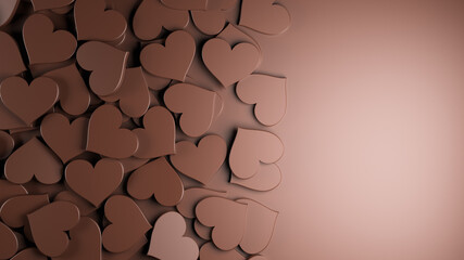 Milk chocolate hearts background with empty copy space on right side. Concept for Valentine’s Day, Women’s Day, and others. 3D Rendering