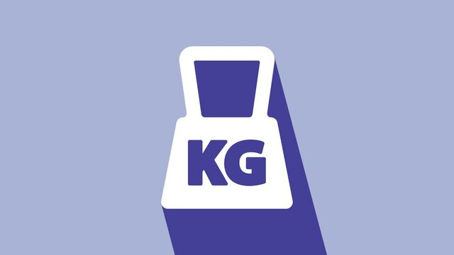 White Weight icon isolated on purple background. Kilogram weight block for weight lifting and scale. Mass symbol. 4K Video motion graphic animation