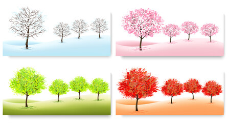Four Nature Backgrounds with stylized trees representing different seasons. Vector.