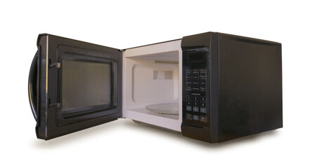 Obraz premium Black Microwave with Door Open Isolated on White Background