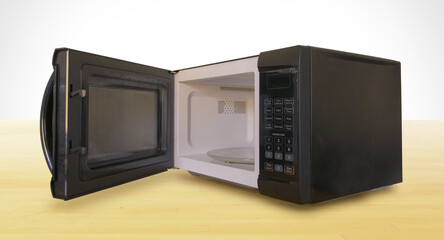 Black Microwave with Door Open on Wooden Countertop
