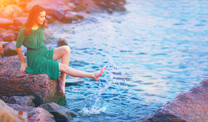 Young woman enjoy happy life at morning sunrise. Girl feel well in lake water on free beach. Summer nature beauty, people health, good sea travel relax, sun energy peace view, person live joy concept.