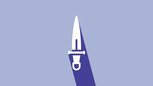 White Dagger icon isolated on purple background. Knife icon. Sword with sharp blade. 4K Video motion graphic animation