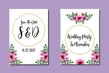 Wedding invitation frame set, floral watercolor hand drawn Hollyhock Flower design Invitation Card Template