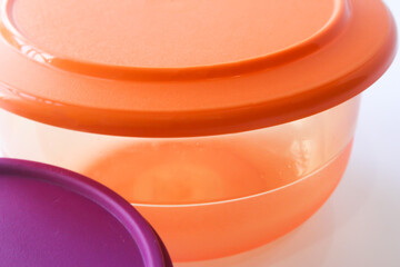 Close up container isolated on a white background. Plastic bowl. Modern lifestyle. Lunch box. 