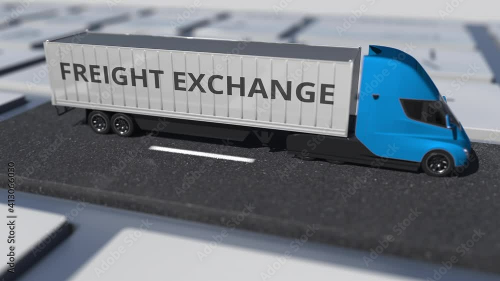 Aufkleber truck with freight exchange text on the computer keyboard, conceptual looping 3d animation