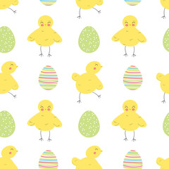 Spring pattern with little chickens and Easter colorful eggs. Vector endless ornament.