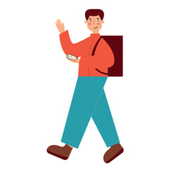 Courier with a bag behind his back and a phone in his hand isolated on a white background.