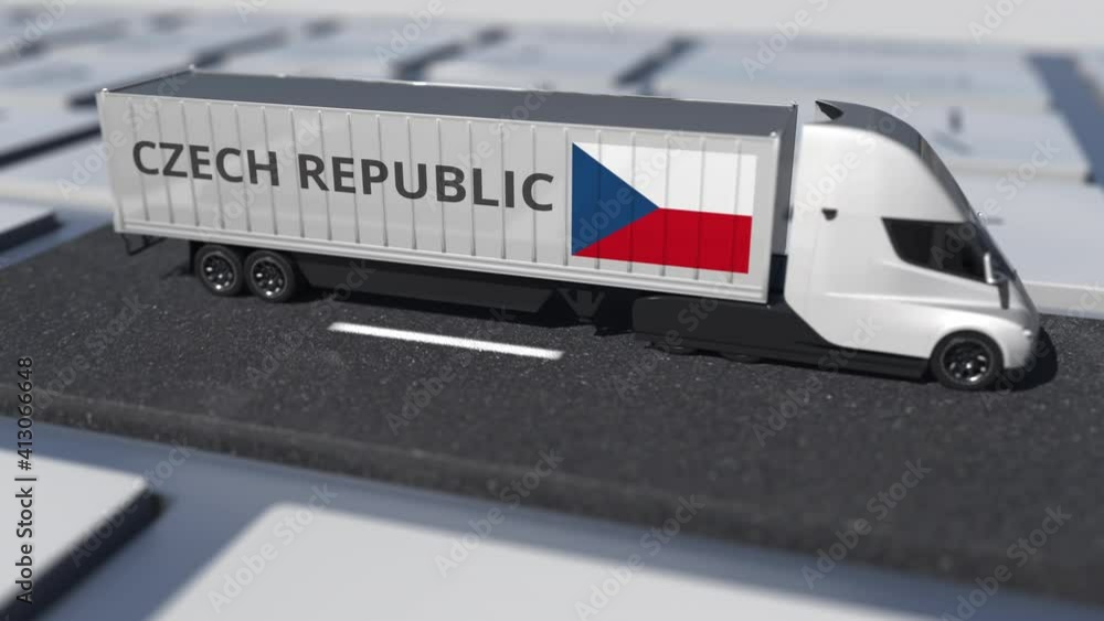 Poster flag of the czech republic on moving truck and computer keyboard. international shipping related loo