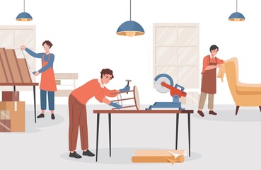 Group of carpenters at wooden workshop making furniture vector flat illustration. Foremen doing woodwork, nailing chair, cleaning armchair, measuring wooden boards. Repair or construction furniture.