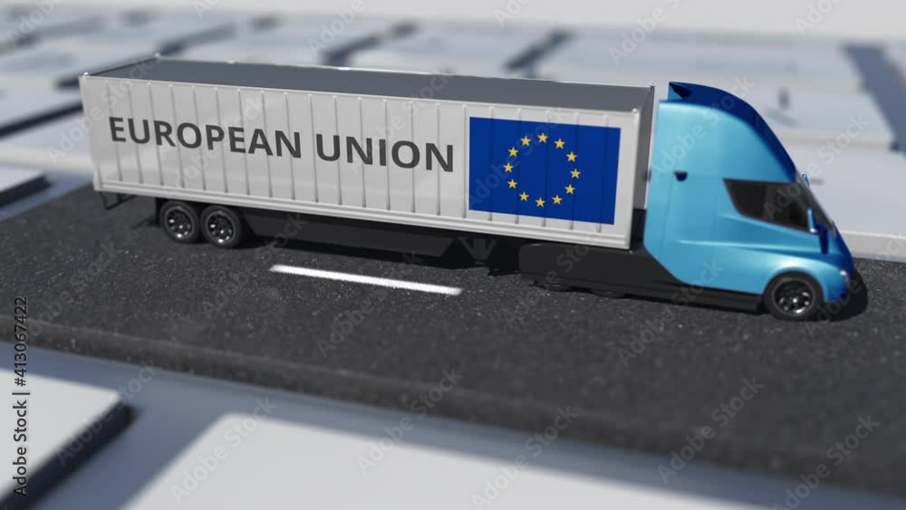 Aufkleber flag of the european union on moving truck and computer keyboard. international shipping related loo