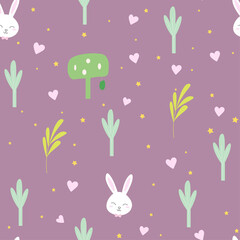 Easter seamless pattern with cute bunnies and trees