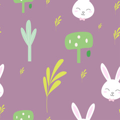 Easter seamless pattern with cute bunnies and trees