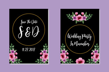 Naklejka premium Wedding invitation frame set, floral watercolor hand drawn Hollyhock Flower design Invitation Card Template