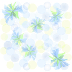 Abstract illustration - gray, blue and green fluttering objects on a background of gray, blue and yellow translucent circles