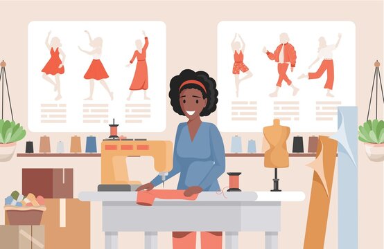 Woman working at sewing machine in the atelier or fashion sew studio vector flat illustration. Smiling tailor or dressmaker making dress. Sewing workshop interior, sewing hobby concept.