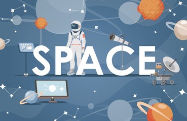 Space word banner template. Astronaut, rover, planets, stars, moon and outer space vector flat illustration. Science fiction, space exploration with telescope and computers. Galaxy poster design.