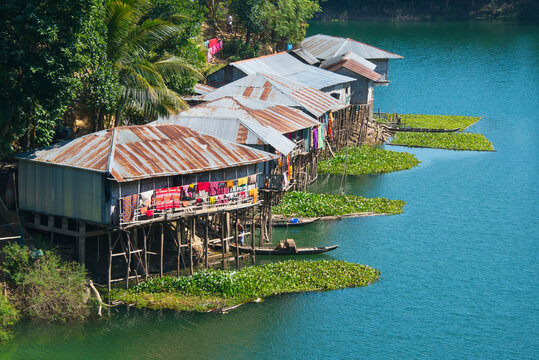 Stilt houses on Kaptai Lake, Rangamati, Chittagong Division, Bangladesh