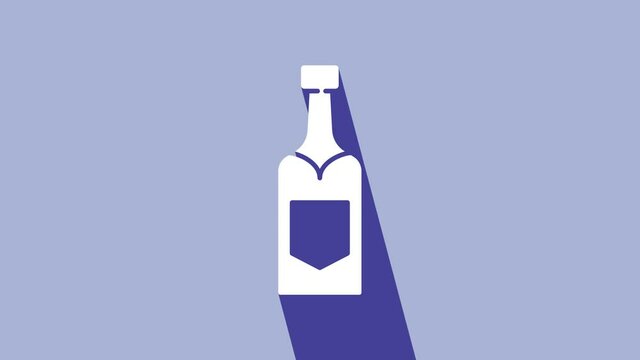 White Champagne bottle icon isolated on purple background. 4K Video motion graphic animation