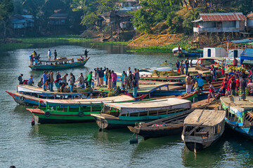 Fototapeta na wymiar Fishing boats on Kaptai Lake, Rangamati, Chittagong Division, Bangladesh