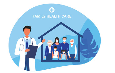 Family doctor health care concept, mother, father, children and older people visiting doctor to check their health vector illustration. Medical family health care concept