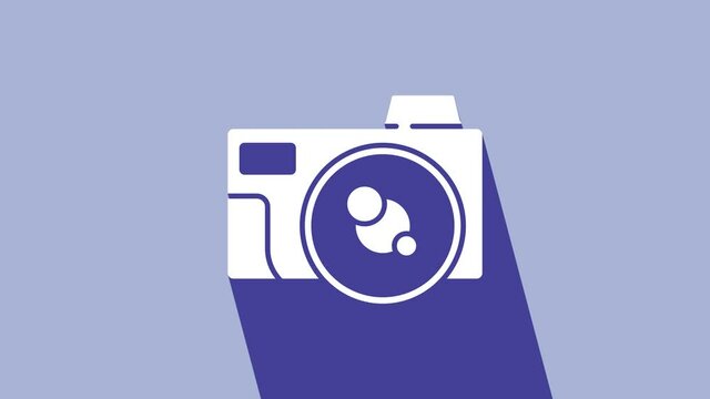 White Photo camera icon isolated on purple background. Foto camera icon. 4K Video motion graphic animation