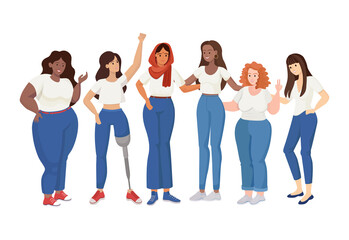 Obraz premium Group of standing women of different sizes and races vector flat illustration. Skinny and curvy women, woman with prosthesis. Girl power, International Woman Day, Feminism, body positive concept.