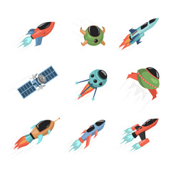 Set of different spaceships and satellites isolated on white background. Spacecrafts exploring cosmos vector flat illustration. Modern space rockets, space traveling concept.