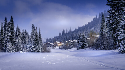 Fototapeta na wymiar Christmas Card scene of the Snow Landscape at Sun Peaks ski resort in the Shuswap Highlands of British Columbia, Canada