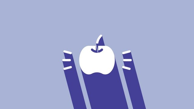 White Apple icon isolated on purple background. Fruit with leaf symbol. 4K Video motion graphic animation