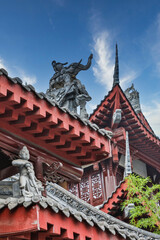 Naklejka premium Asia, China, Sichuan Province, Cheng Du, Temple Rooftop