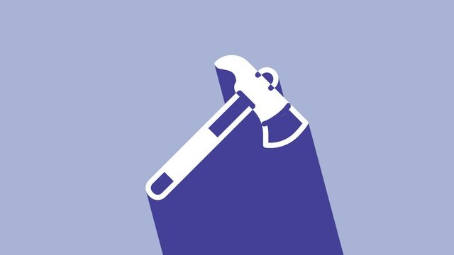 White Firefighter axe icon isolated on purple background. Fire axe. 4K Video motion graphic animation
