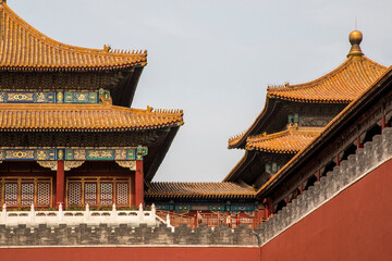 Fototapeta na wymiar Asia, China, Beijing, Tiananmen Square, Roof Detail of the Main Gate of the Royal Palace (The Forbidden City)