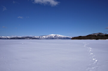 Fototapeta na wymiar 雪原の彼方に山を見る冬景色。