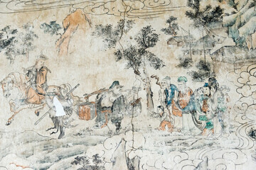 Fototapeta na wymiar Mural telling the story of Journey to the West, Xuanzang and his followers, Dafo (Great Buddha) Temple, Zhangye, Gansu Province, China