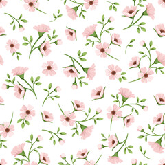 Vector seamless spring floral pattern with small pink flowers on a white background.