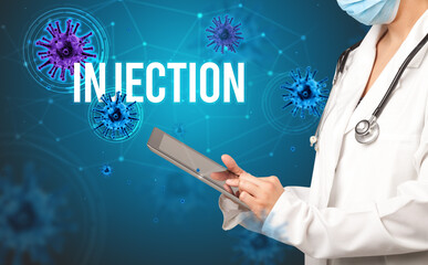 doctor prescribes a prescription with INJECTION inscription, pandemic concept